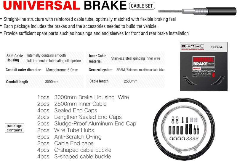 CNCLOL CNC Universal Bike Brake Cable Kit,Bicycle Brake Cable Set with Stainless Steel Wire Cutter-Front and Rear Brake Cable 2.5m with Oil Housing 3m for Mountain Bike/MTB/BMX/Road Bike. - Image 2